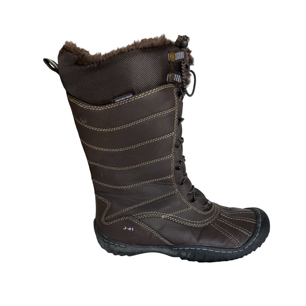 J41 Avery Boots Womens Size 8.5 Brown Faux Fur Winter Duck Boot Front Lace EUC